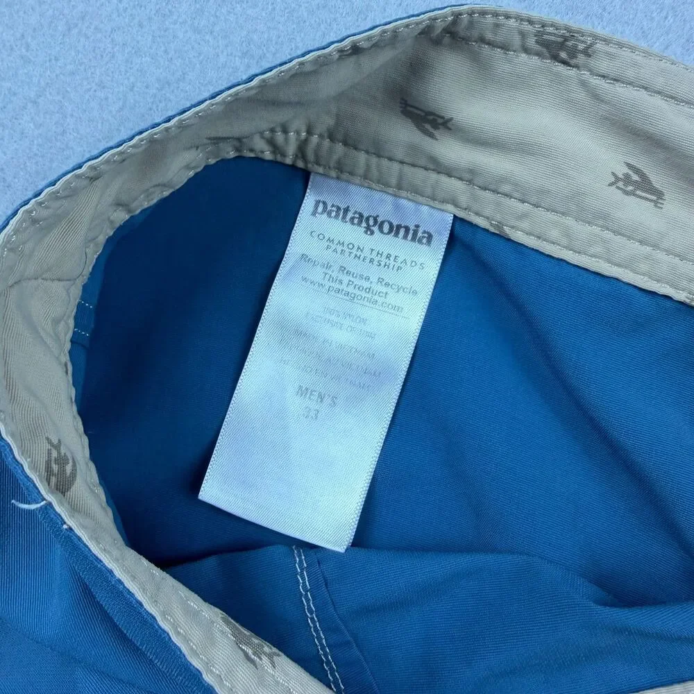 Patagonia Mens 33 Wavefarer Board Shorts Blue Tan Swim Trunks Style 86625
